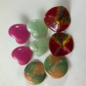 Vintage Pierced Earrings Bundle Pink Green Burgundy Large Button Hearts 4 Pairs